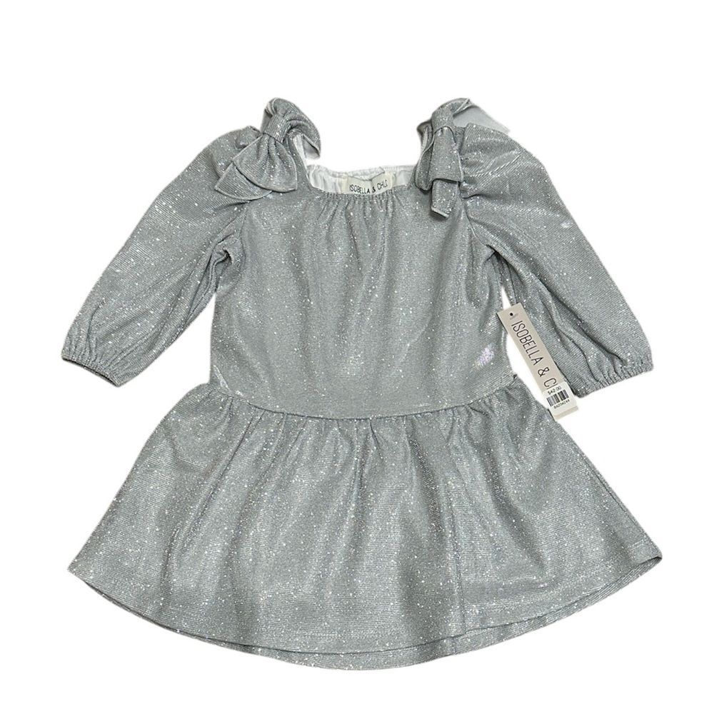 Isobella & Chloe Sparkle Bow Dress Long Sleeve Girl 24M Silver NEW